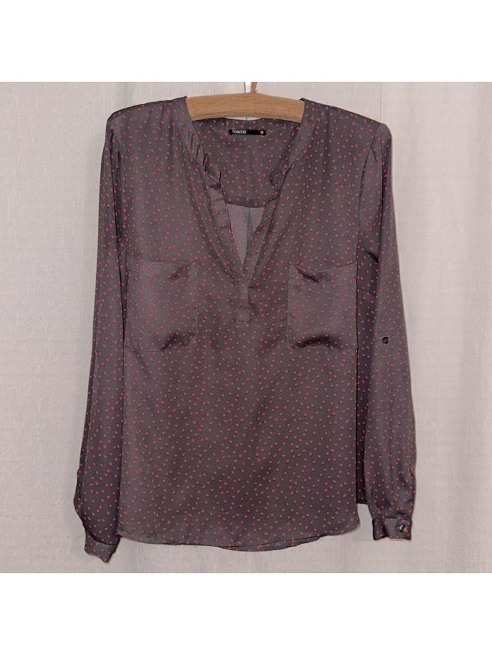 Tokito for MYER 12 Indigo Red Polka Romantic Long Sleeve V-Neck High Low Blouse